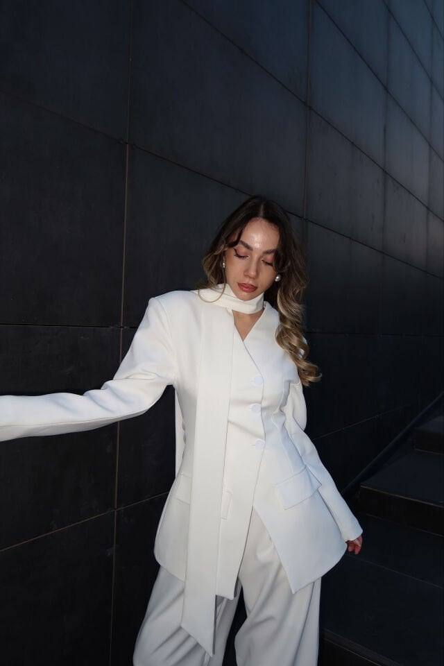 Liner Beyaz Şallı Kruvaze Ceket ve Palazzo Pantolon Premium Tasarım Takım