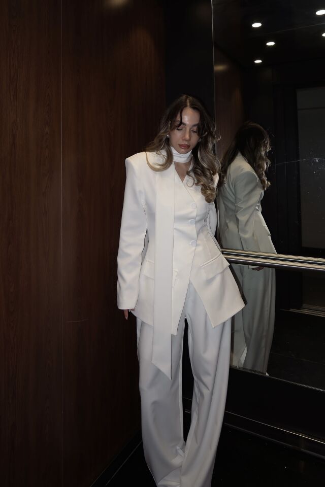 Liner Beyaz Şallı Kruvaze Ceket ve Palazzo Pantolon Premium Tasarım Takım